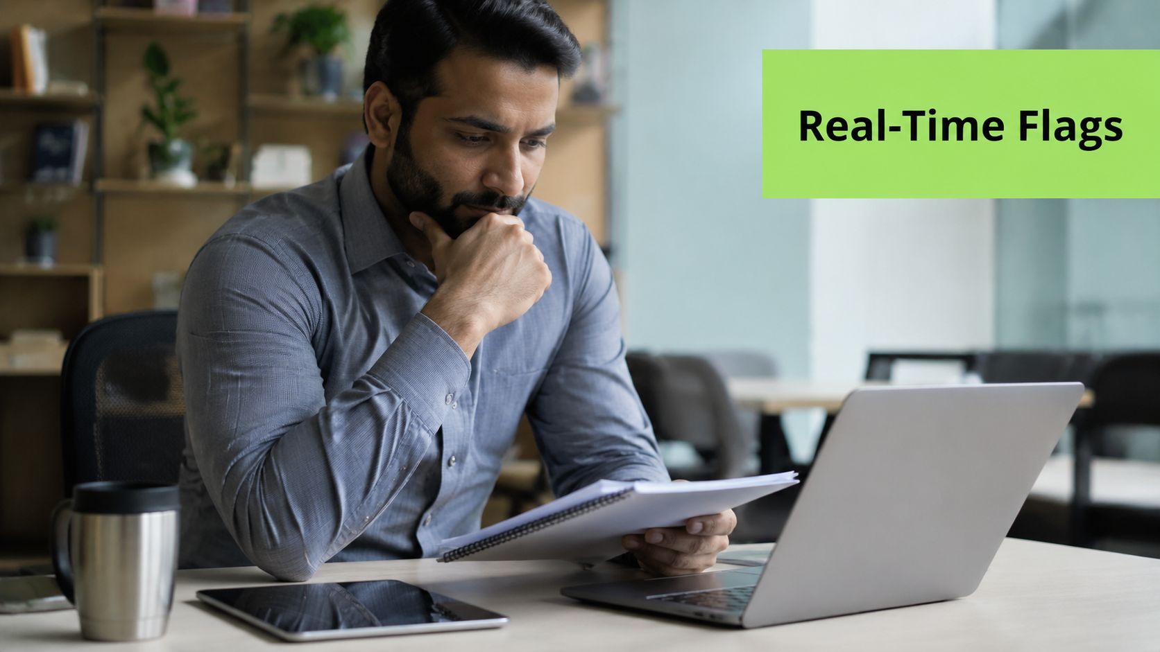 A professional man with a beard sitting at a desk and reviewing a notebook while using a laptop.