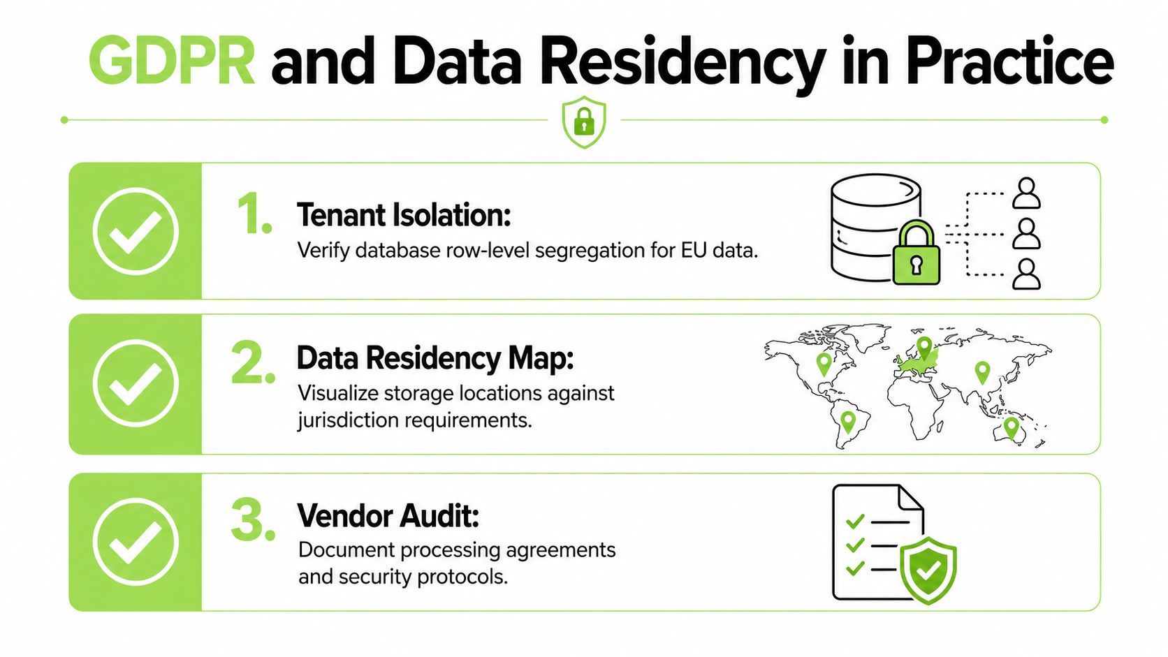An infographic titled GDPR and Data Residency in Practice, illustrating three key steps for data compliance.