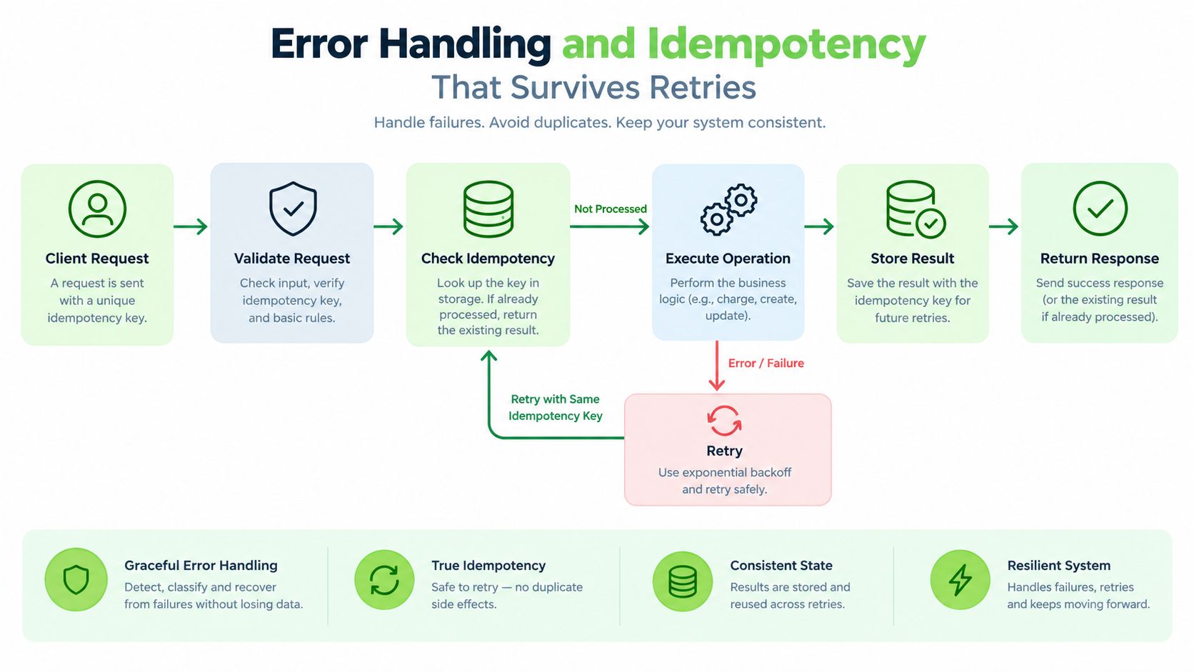 A diagram illustrating the workflow for API error handling and idempotency to ensure consistent system operations.