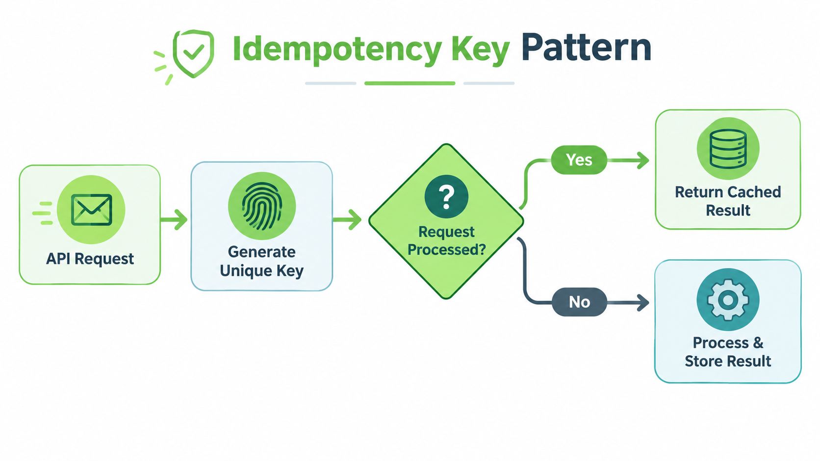 A flowchart diagram illustrating the idempotency key pattern for API request processing and caching.
