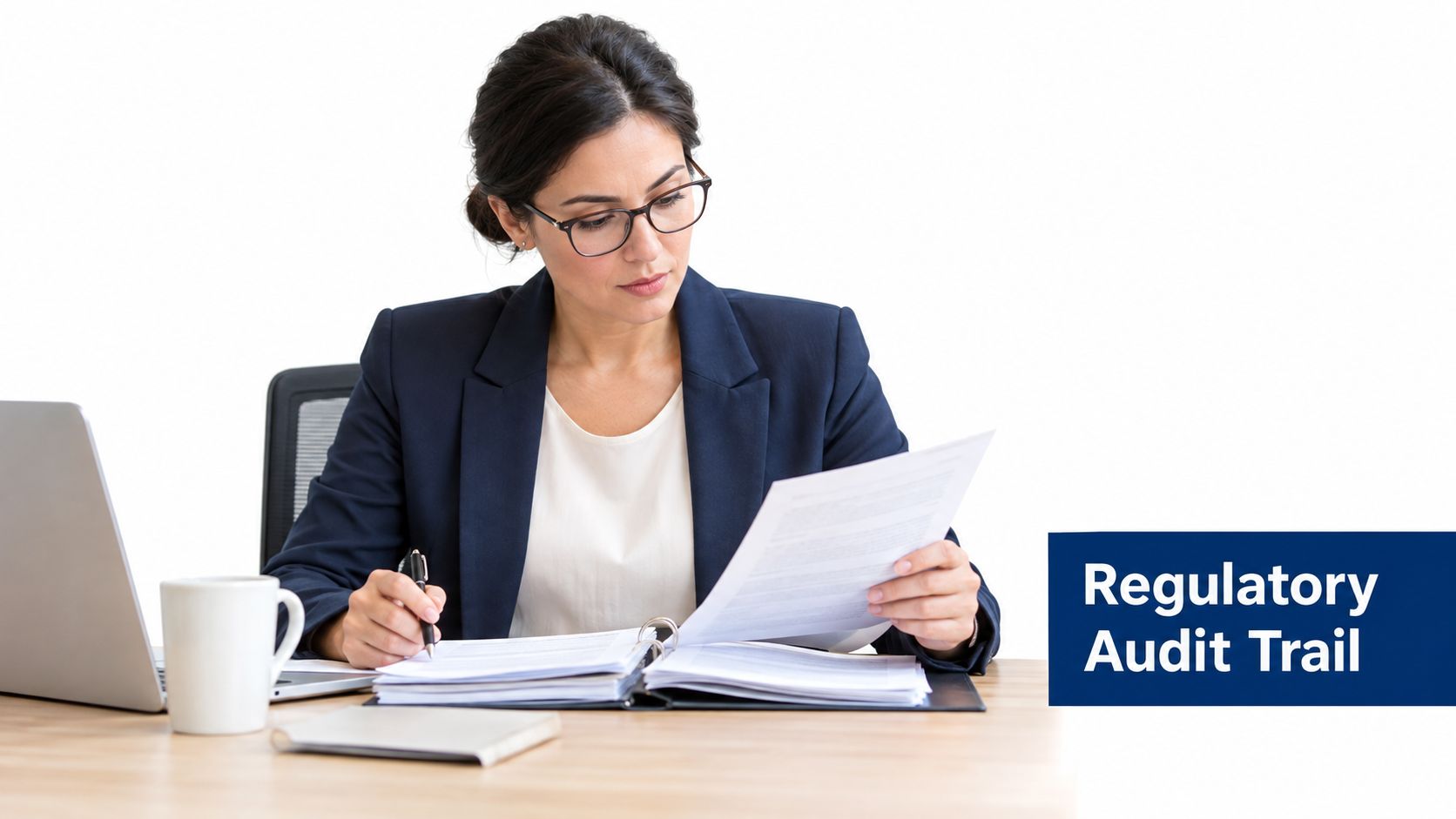 A professional woman in a business suit reviewing documents at a desk in an office setting.
