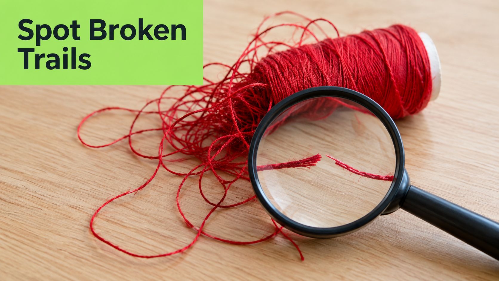 A magnifying glass inspecting a broken red thread, symbolizing an audit trail review of digital data.