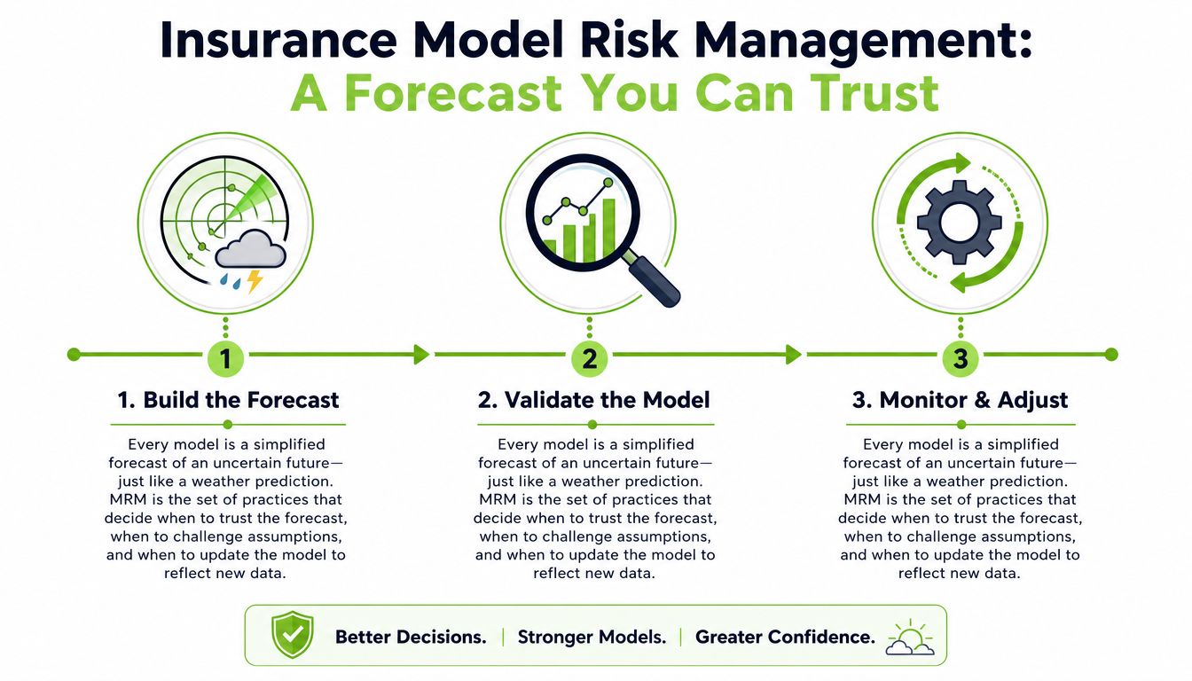 A three-step infographic explaining Insurance Model Risk Management for better decision making and stronger models.
