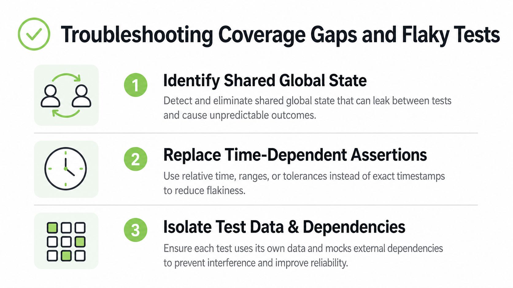 A infographic titled Troubleshooting Coverage Gaps and Flaky Tests, listing three tips for improving software testing reliability.